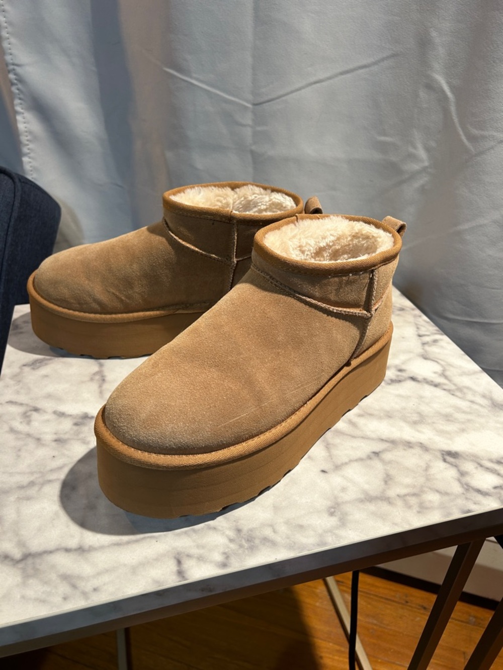 Women’s Tan Suede Shearling Platform Moccasins